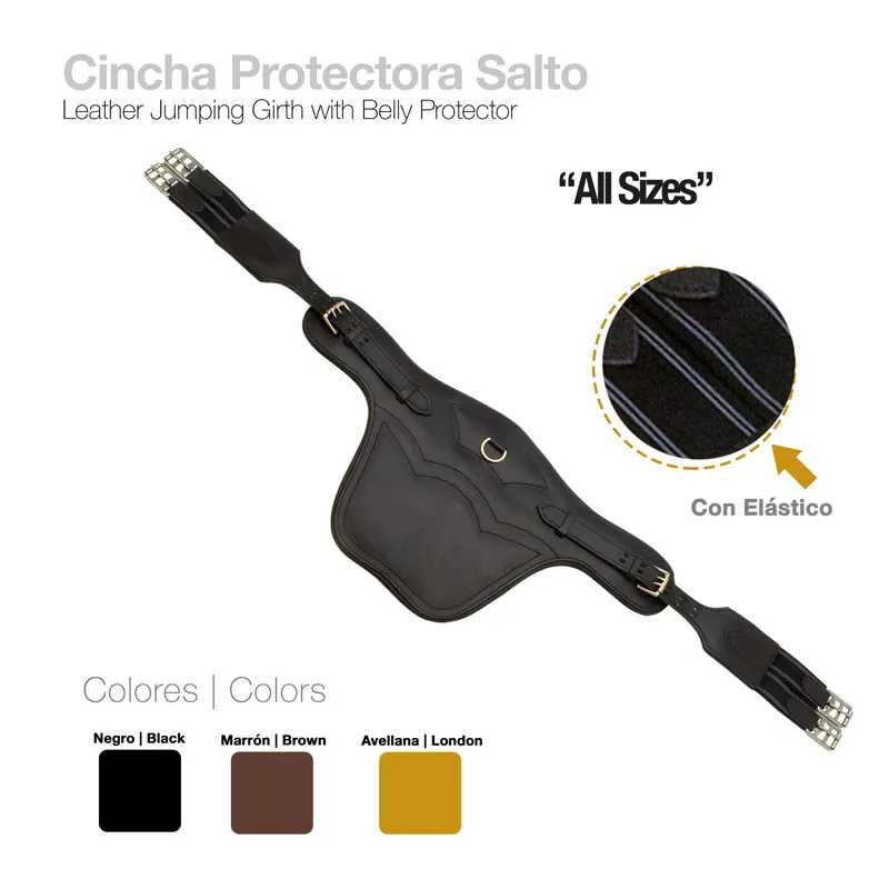 Cincha protectora salto de couro preto com protetor de barriga e fivelas metálicas