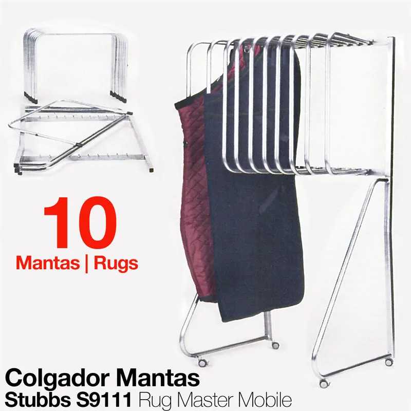 Colgador metálico para mantas com 10 barras, exibindo mantas vermelha e preta.