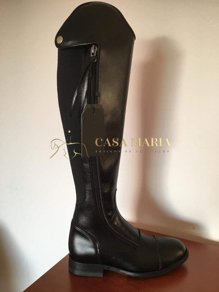 Bota equitação alta preta de couro com zíper lateral