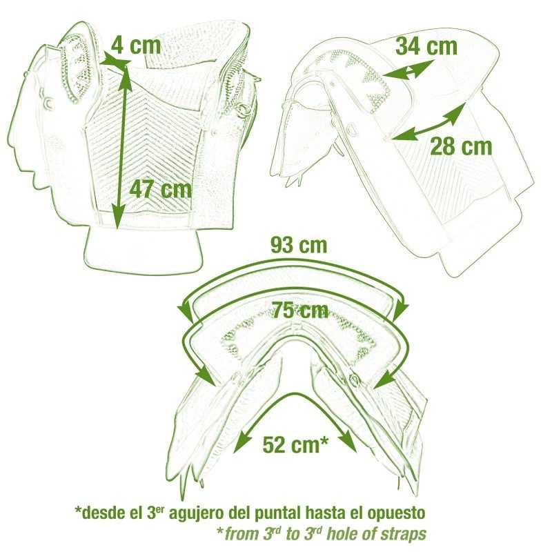 Equipamento para cavalo com medidas em centímetros e texto explicativo em espanhol e inglês.