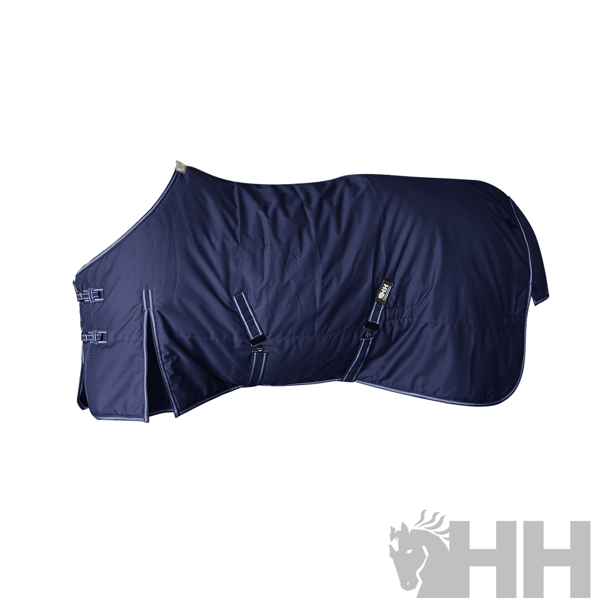 Cobertor para cavalo azul escuro acolchoado com alças e fivelas pretas e etiqueta HH Horseware Ireland