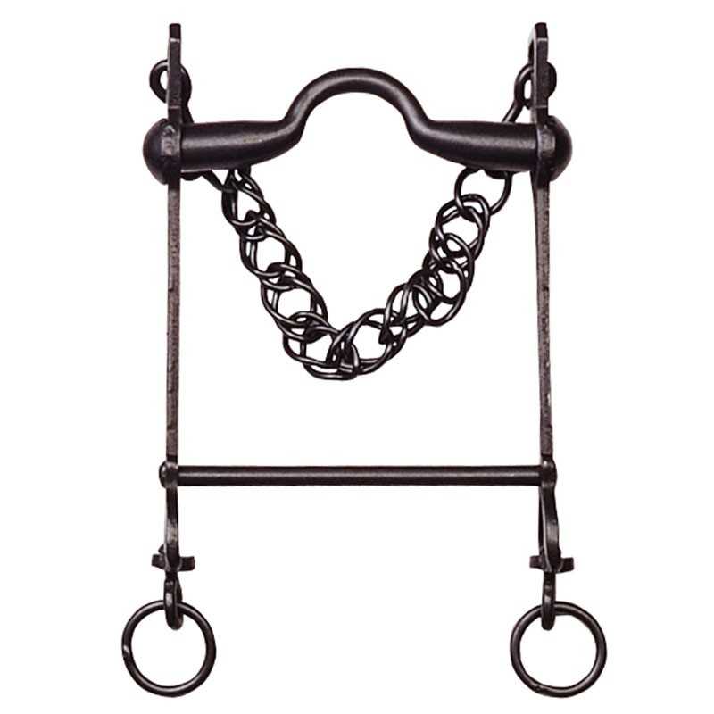 freio metálico para cavalo com corrente central e argolas nas extremidades