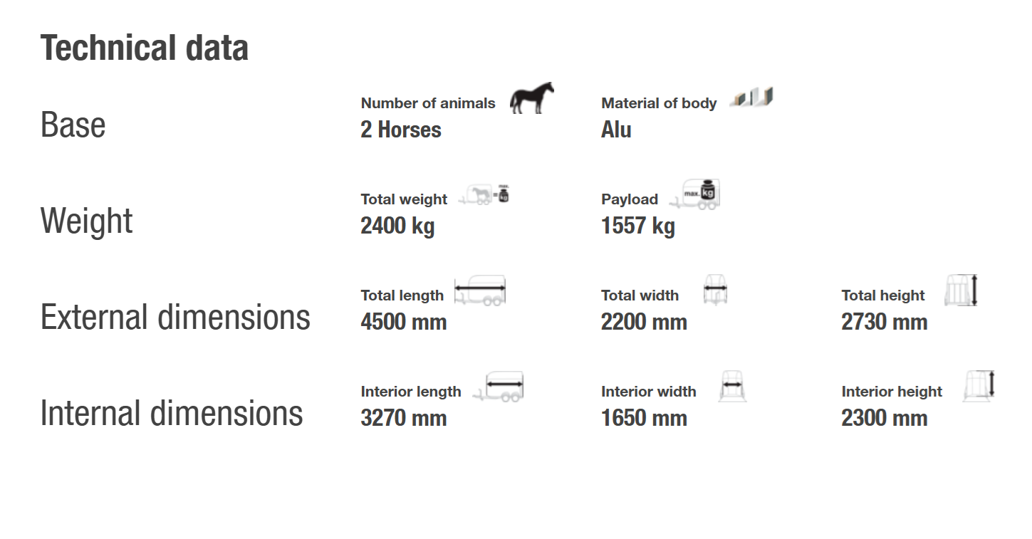 Dados técnicos para transporte de 2 cavalos, corpo em alumínio, especificações de peso e dimensões.