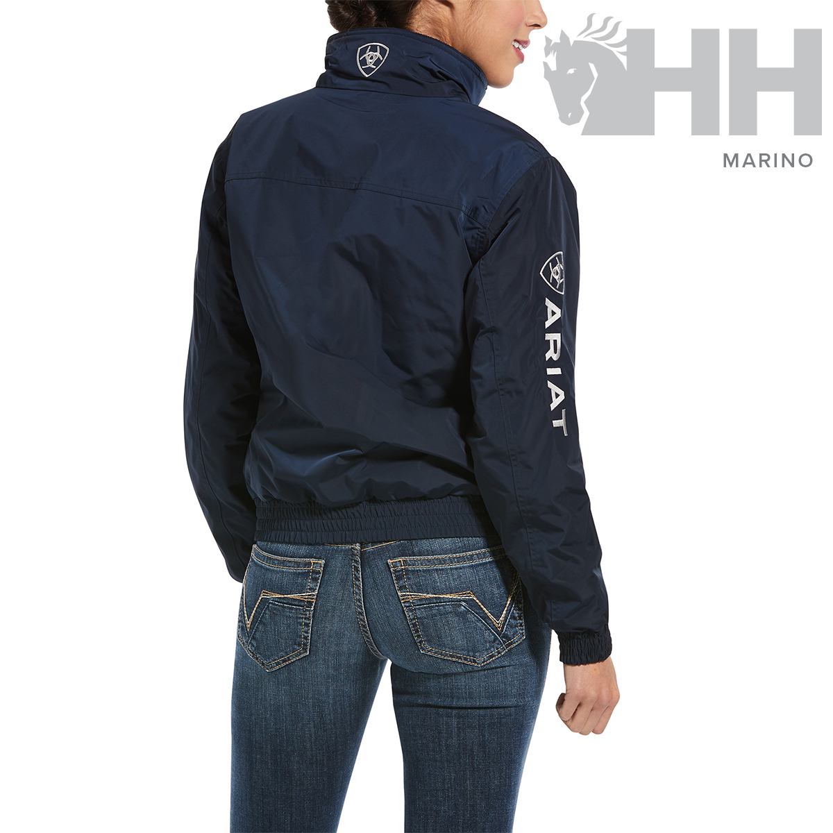 Casaco azul-marinho feminino tipo bomber com logo ARIAT na manga