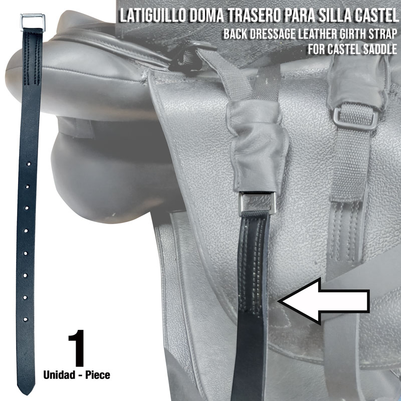 Latiguillo de couro preto com costura dupla branca para sela de Castela próximo a sela cinzenta