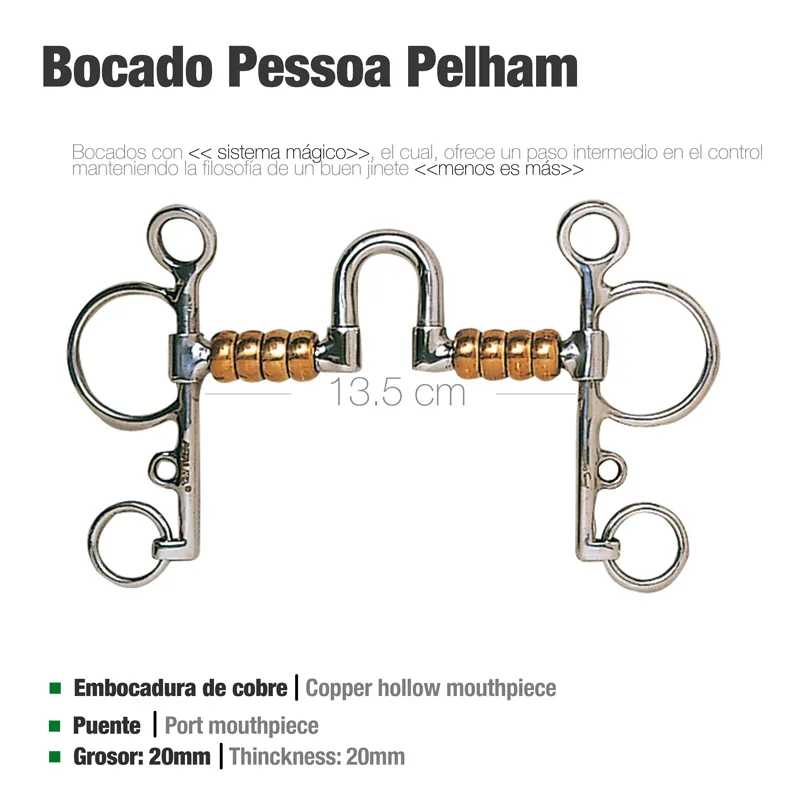 Bocado Pessoa Pelham de metal com embocadura de cobre e anéis, 13,5 cm