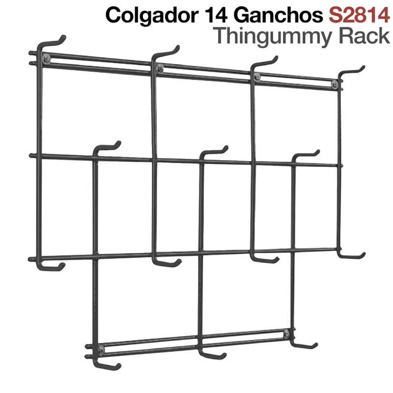 Colgador preto de metal com 14 ganchos e texto impresso