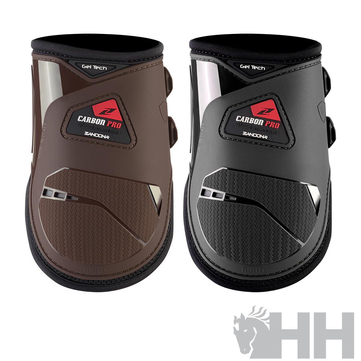 Protetores para equitação castanho e preto com etiquetas Carbon Pro