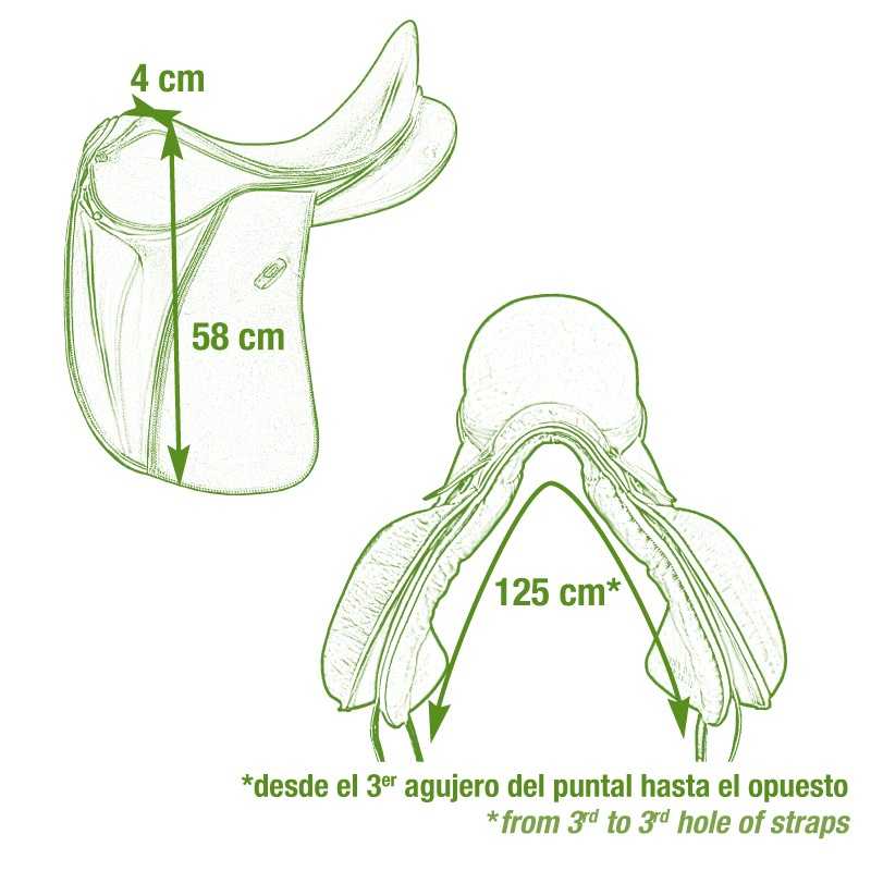 Esquema verde de sela de equitação com medidas e texto em espanhol e inglês