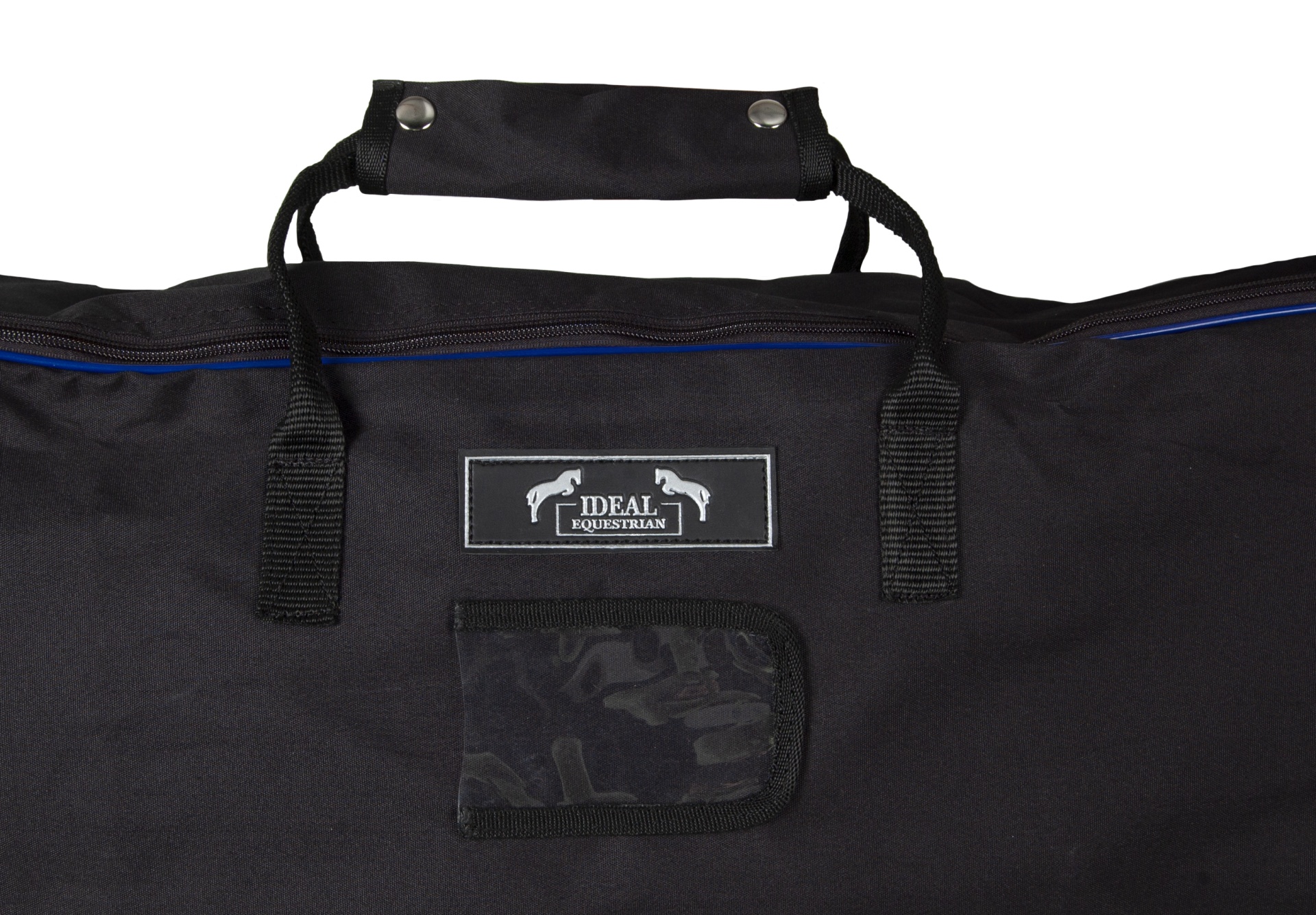 Mala preta de tecido com pega reforçada e etiqueta IDEAL EQUIPAMENTO