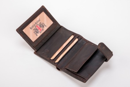 Carteira de couro castanha aberta com compartimentos e cartão