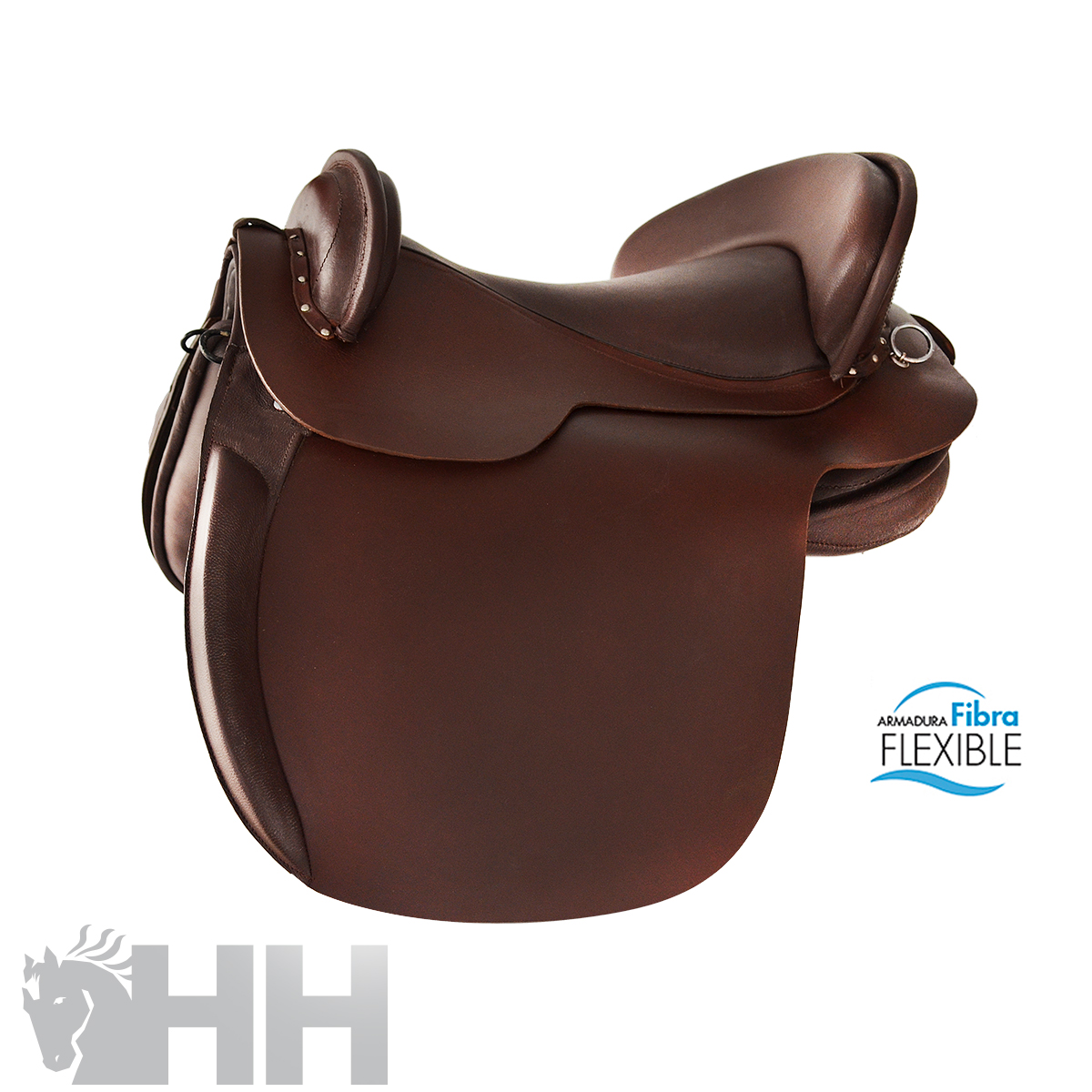 Sela de equitação castanha em couro com acolchoamento e texto Armadura Fibra Flexible