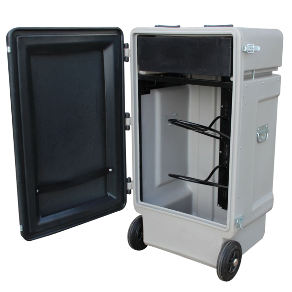 Contentor portátil cinza claro com rodas e porta aberta