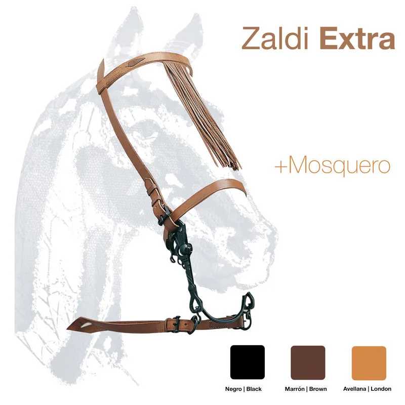 Cabeçada de couro castanha para cavalo com franjas mosquero Zaldi Extra