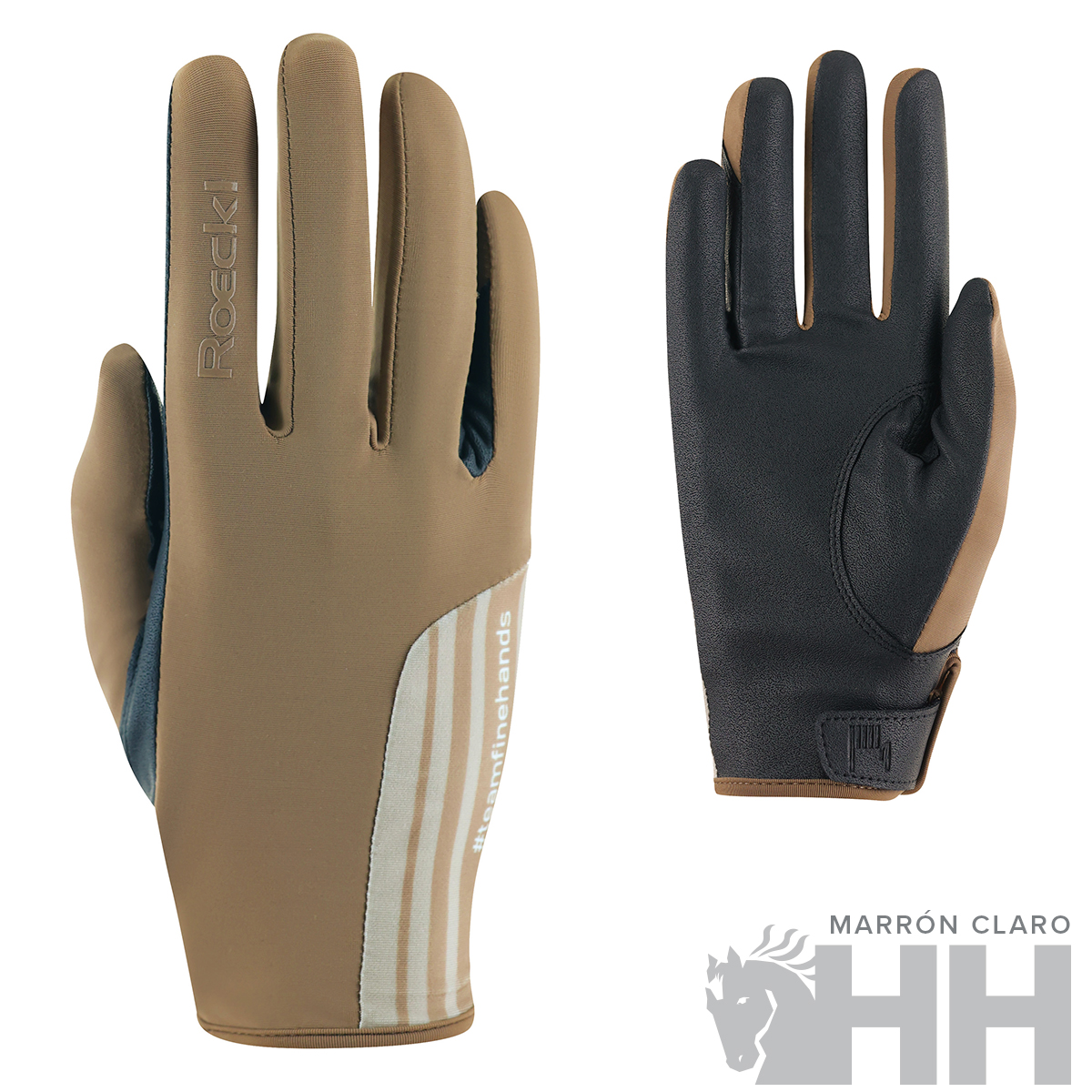 Par de luvas castanho claro e preto com detalhes em cinza e branco, marca Roeckl visível