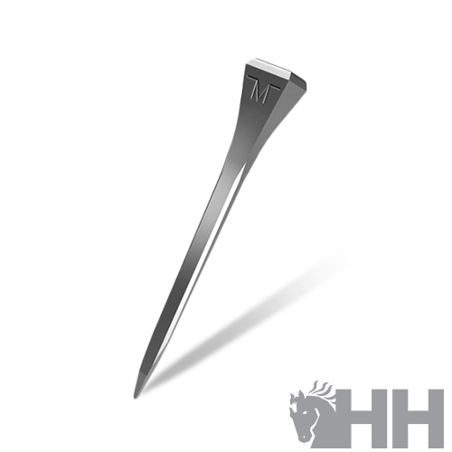 Prego metálico prateado com gravação M e sombra sobre fundo branco