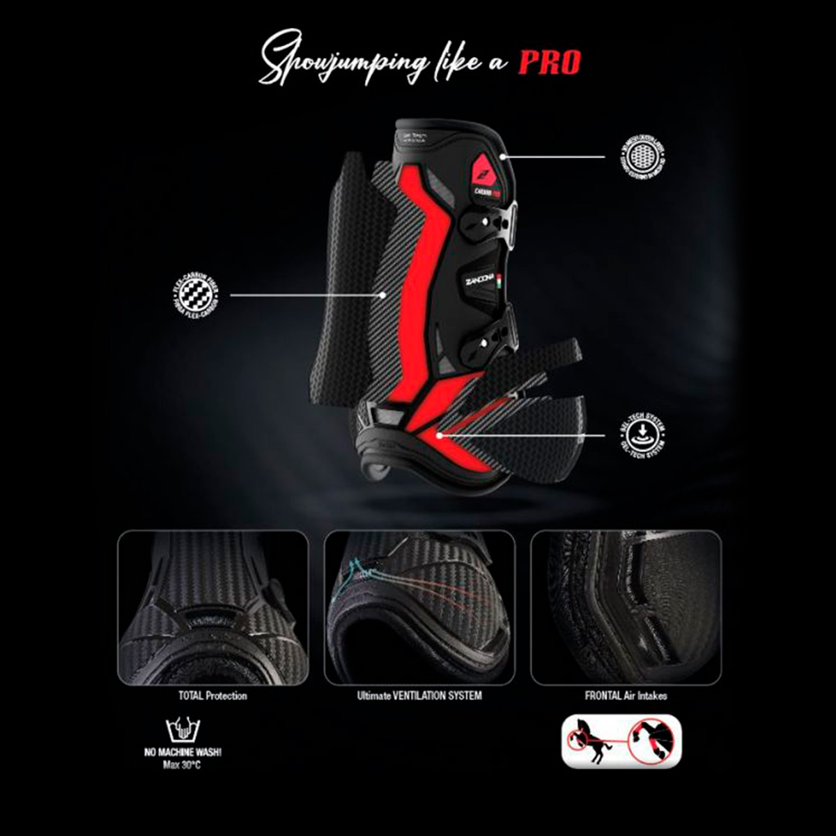 Bota desportiva preta e vermelha com texto e ícones de proteção e ventilação