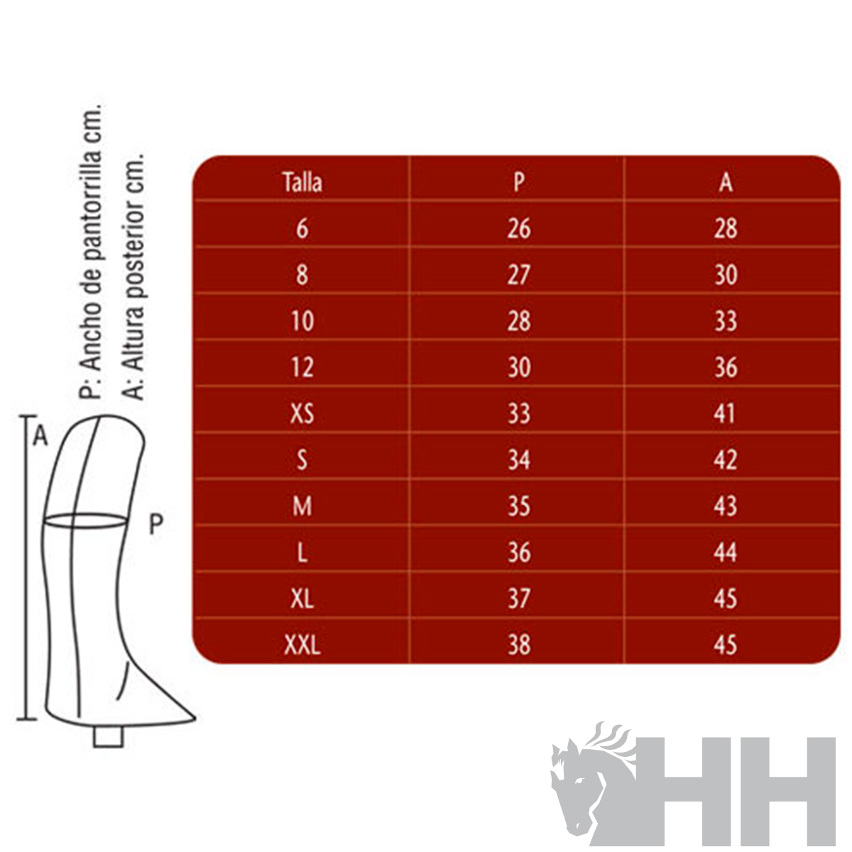 Tabela de tamanhos para panturrilhas com medidas em centímetros
