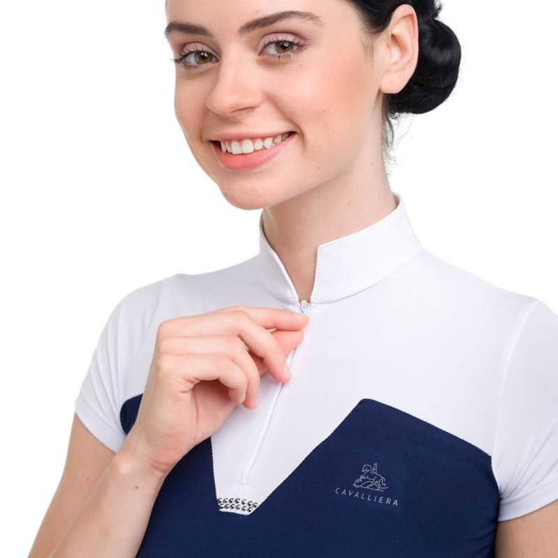 Blusa desportiva feminina branca e azul escuro com zíper e logo Cavalliera