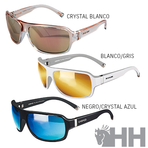 Três óculos de sol em diferentes cores com texto indicando as cores e logotipo HH