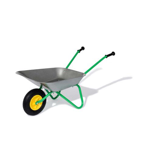 Carrinho de mão metálico verde e cinzento com uma roda preta e aro amarelo