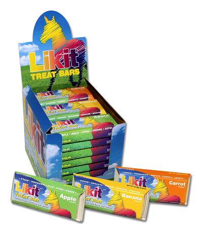 Barras Likit Treat Bars para cavalos em embalagem colorida e expositor com cavalo amarelo