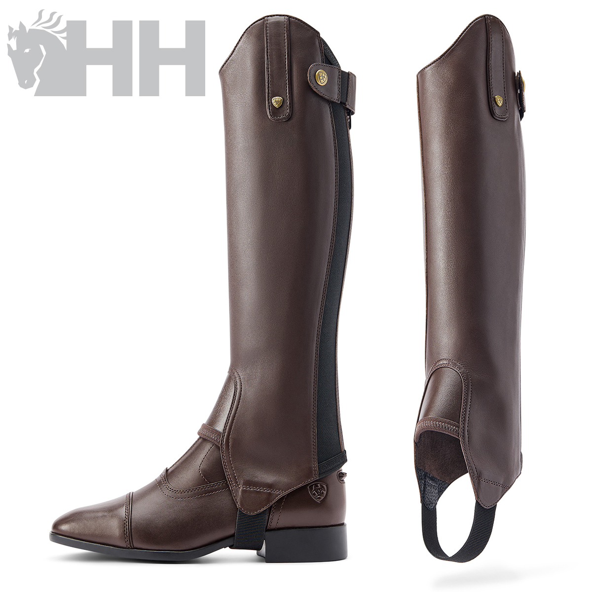 Par de perneiras castanhas em couro com botão dourado e faixa elástica preta