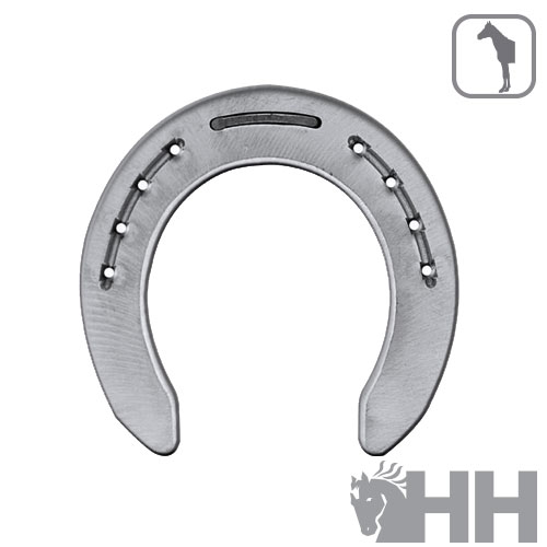 Ferradura metálica prateada com furos e logo HH