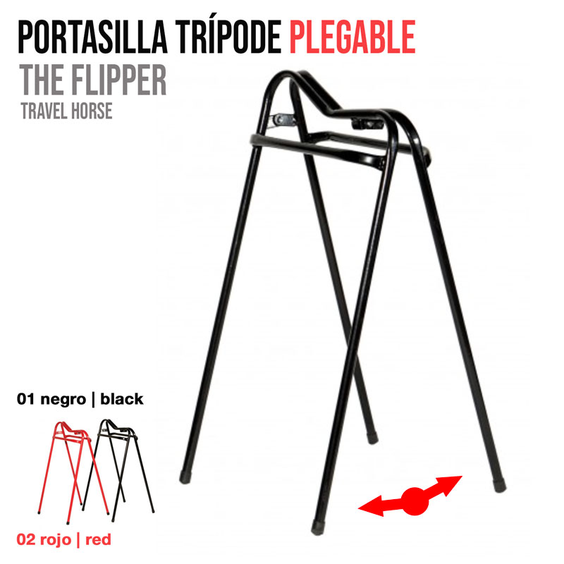 Suporte de malas tripé dobrável preto em fundo branco com texto sobre o produto