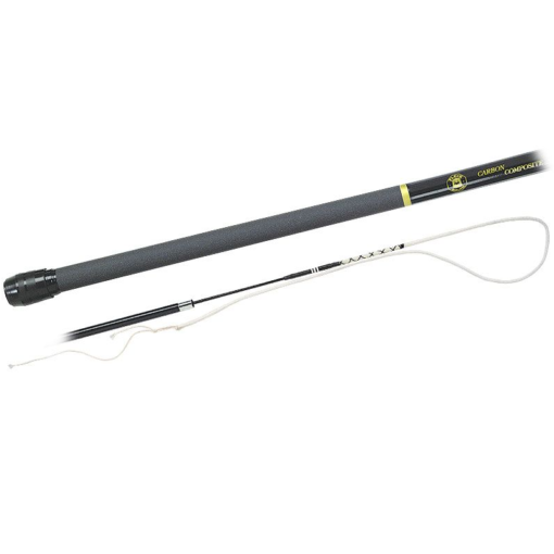 Cana de salto para pesca em carbono preto com texto amarelo