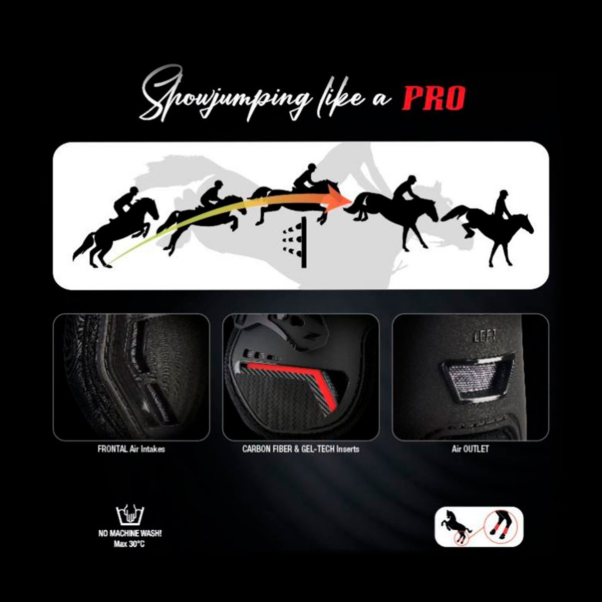 Imagem de capacete para salto a cavalo com detalhes técnicos e ilustração de cavalo a saltar