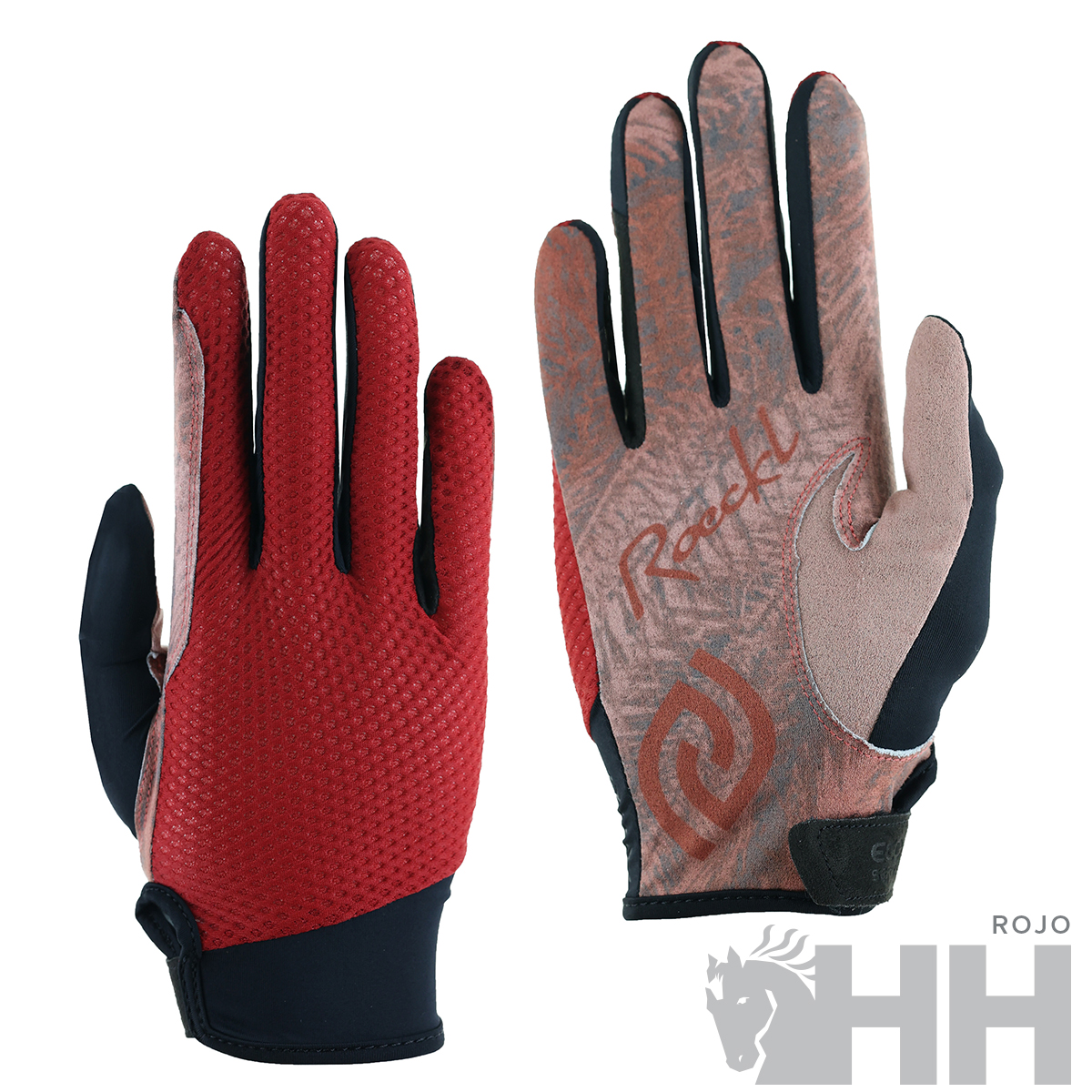 Par de luvas esportivas vermelhas e bege com padrões e texto Roeckl