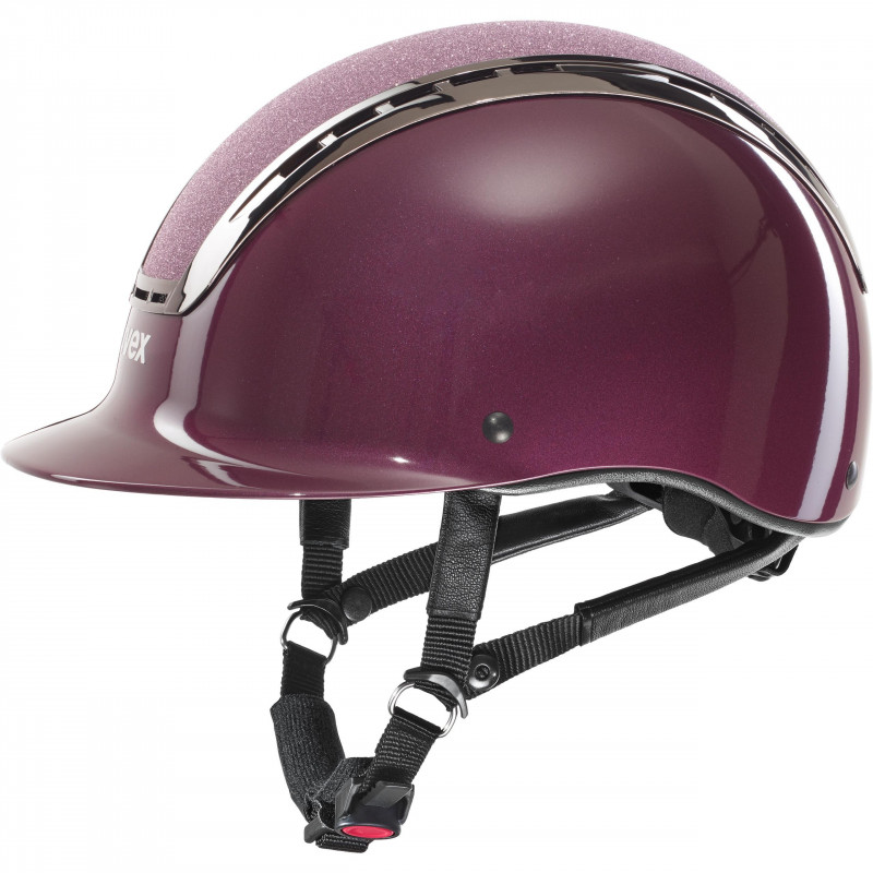 Capacete roxo metálico com arnês preto e detalhes cromados