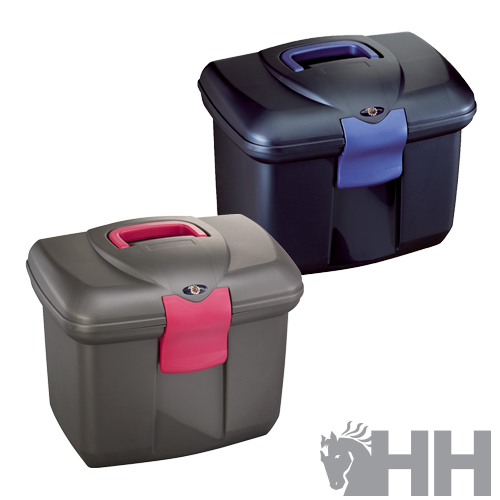 Duas caixas organizadoras de plástico cinza e preta com fecho e pegas coloridas