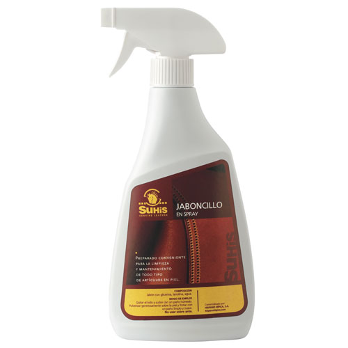 Frasco branco de spray com rótulo castanho e amarelo para limpeza SUHIS