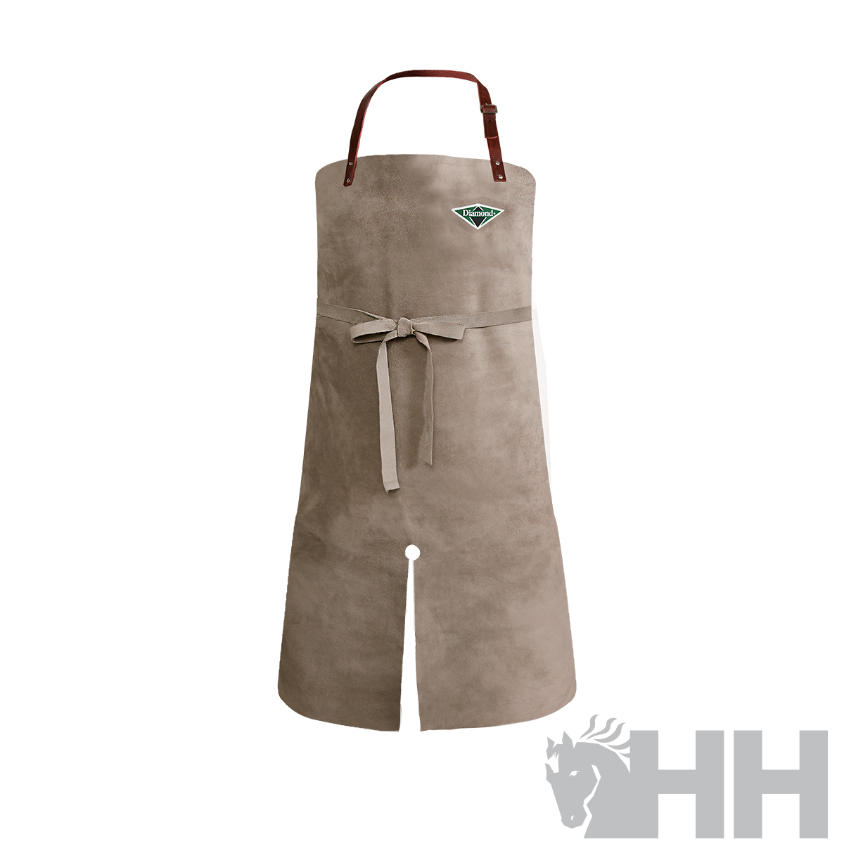 Avental de trabalho cinzento com alças em pele castanha e laço frontal