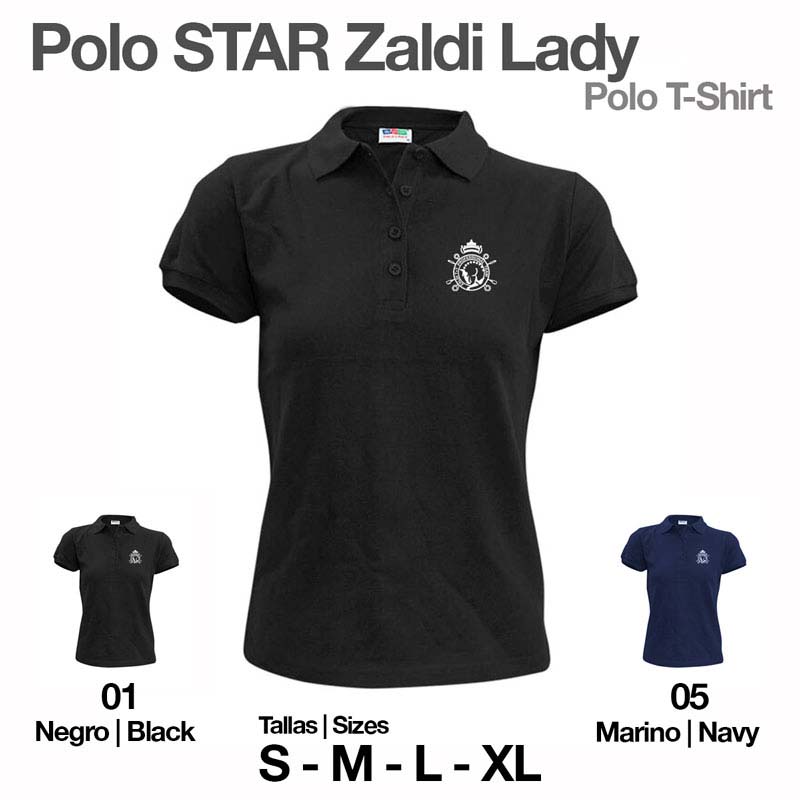 Camisola polo preta e azul marinho Zaldi Lady com bordado branco e botões.