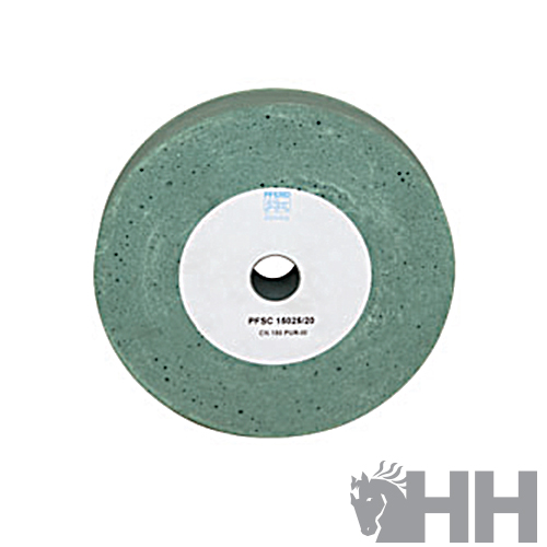 Roda de rebolo verde com etiqueta branca e texto impresso