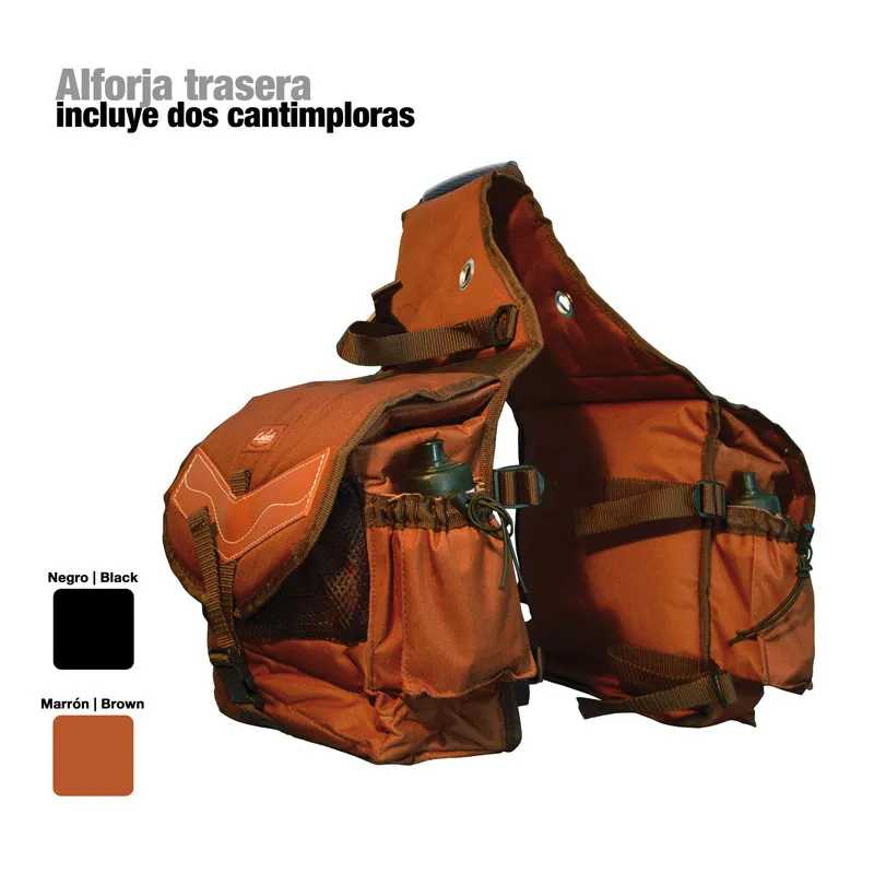 Alforja trasera marrón con cantimploras y correas negras
