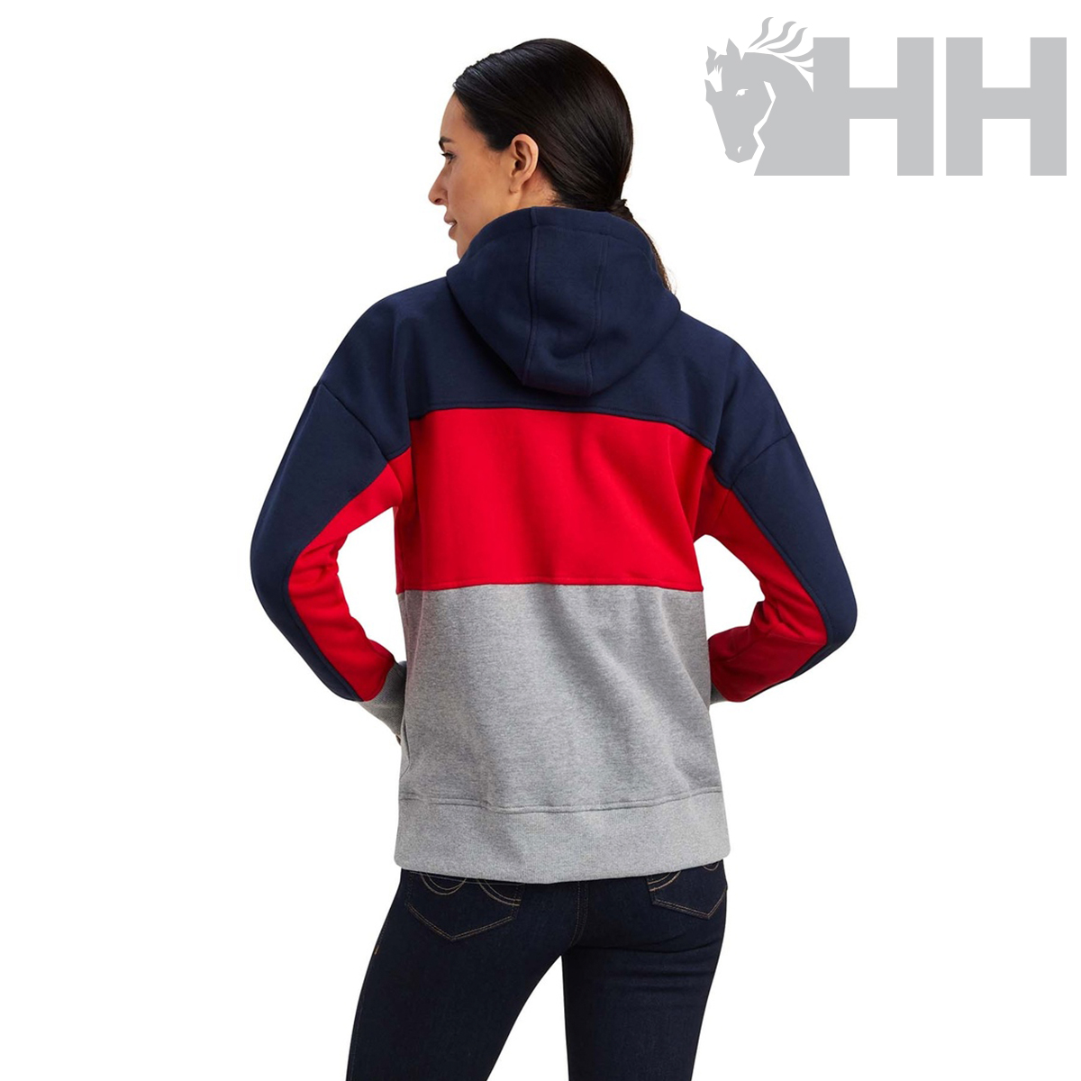 Casaco com capuz feminino tricolor visto de costas