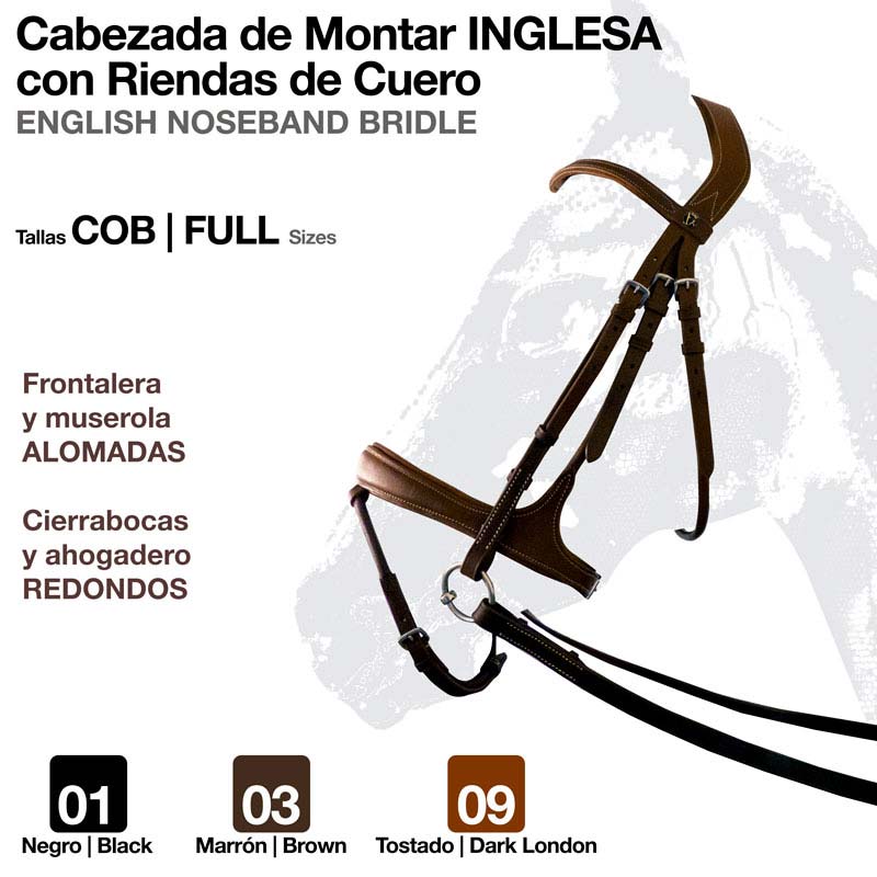 CABEÇADA INGLESA COM RÉDEAS DE COURO