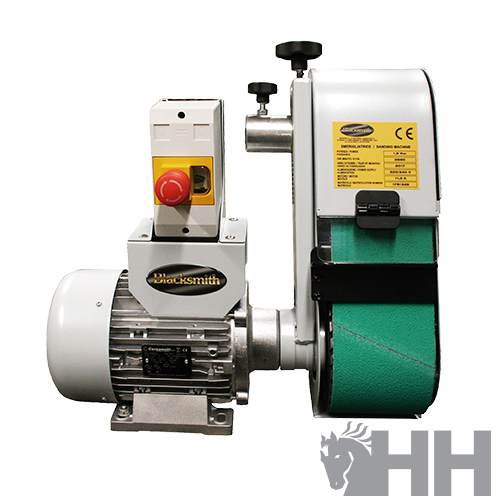 Máquina elétrica de afiar com correia verde e botões de controlo