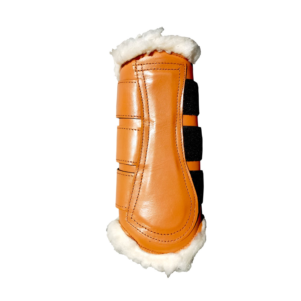 Proteção para cavalos em couro castanho claro com forro branco e velcro preto