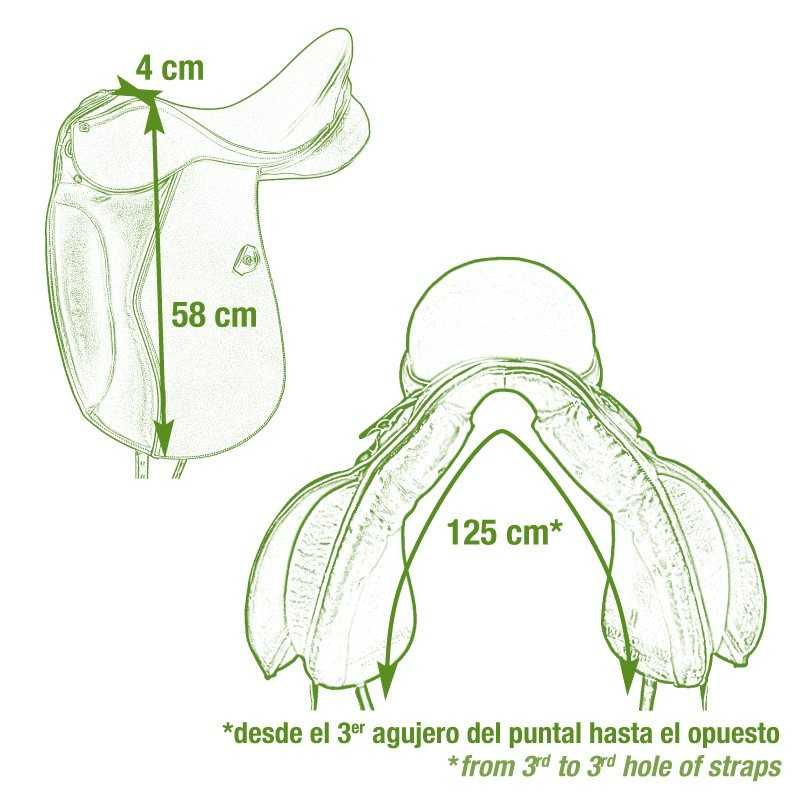 Esboço técnico verde de sela de equitação com medições e texto em espanhol e inglês.