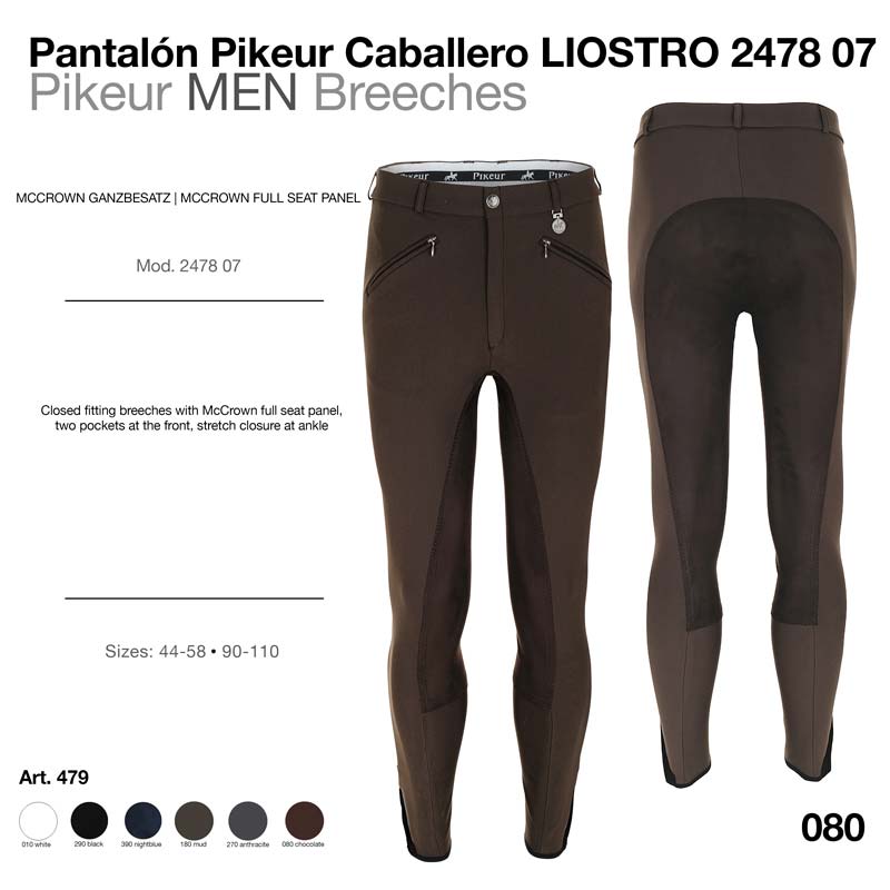 Calças de equitação castanhas Pikeur LIOSTRO para homem com painel escuro e bolsos com fecho.