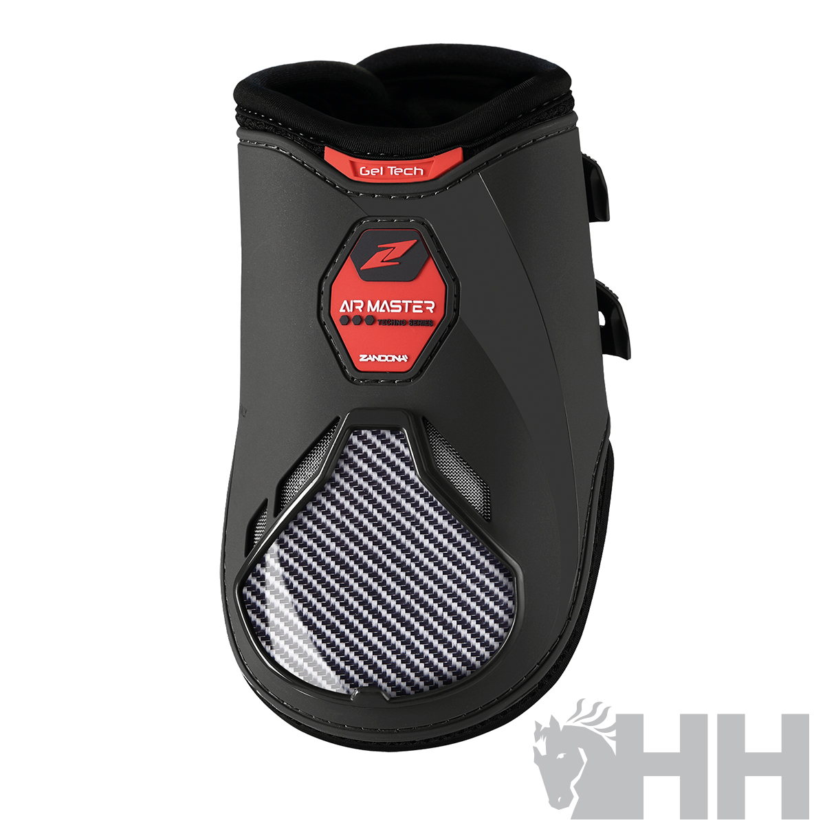 Protector preto para cavalo com detalhes vermelhos e padrão de fibra de carbono