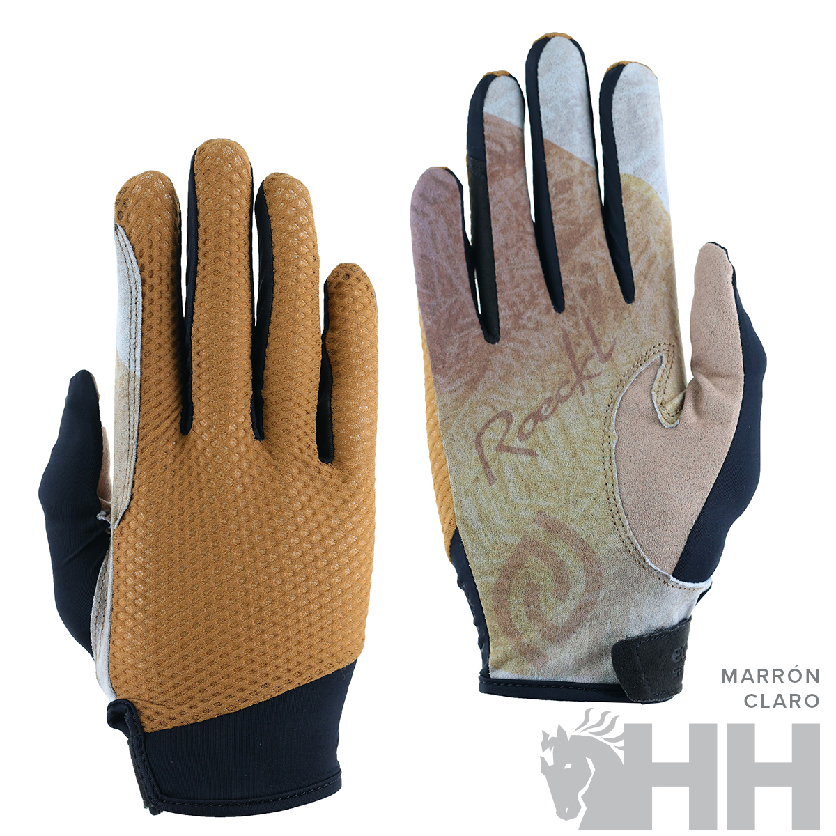 luvas castanho claro com palma estampada e detalhes pretos