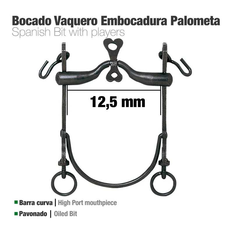 Bocado Vaquero Embocadura Palometa em metal escuro com texto informativo