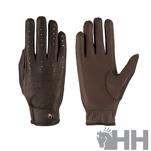 Par de luvas castanhas com textura lisa e malha, detalhes perfurados e símbolo 'HH'