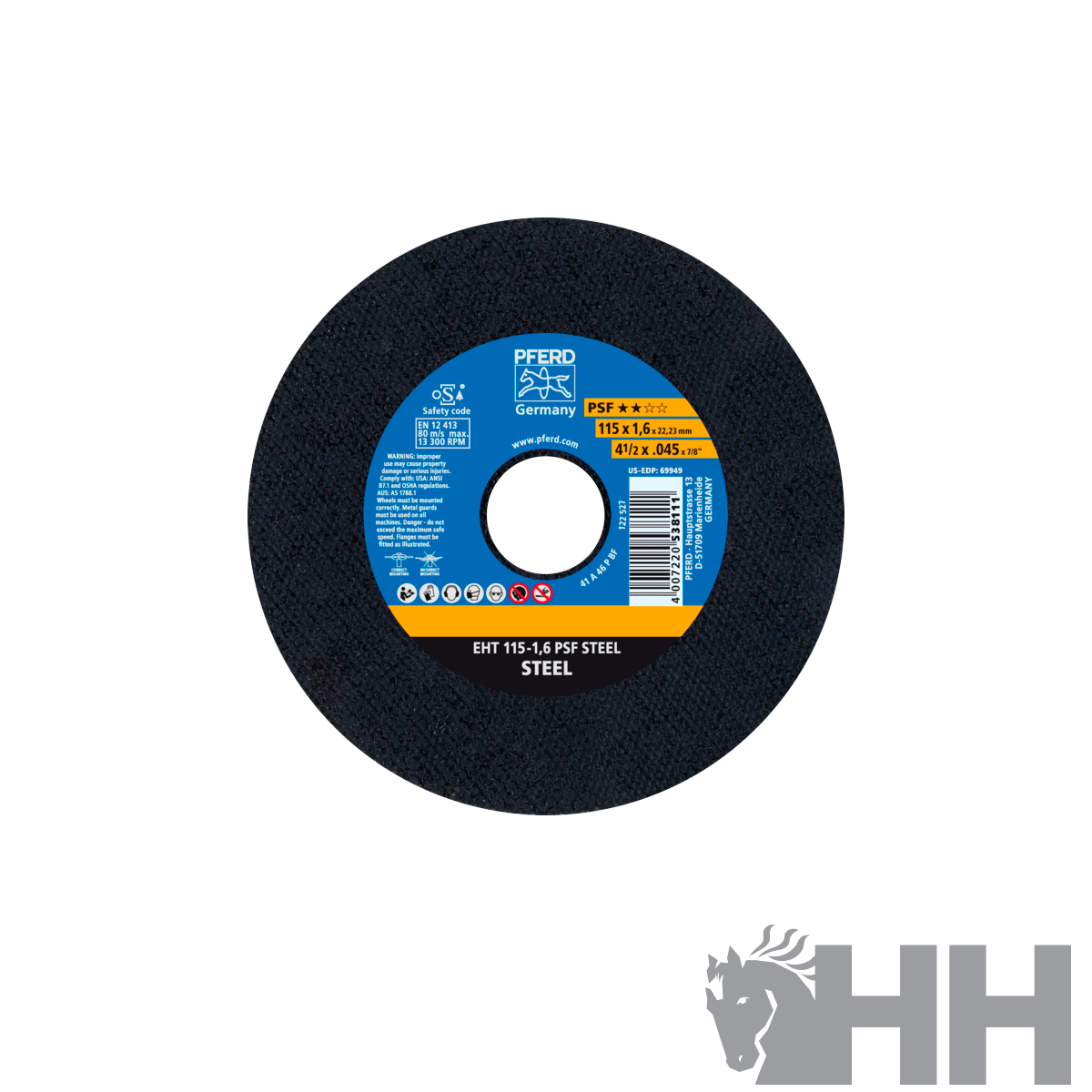 Disco de corte preto para aço com etiqueta azul e amarela PFERD